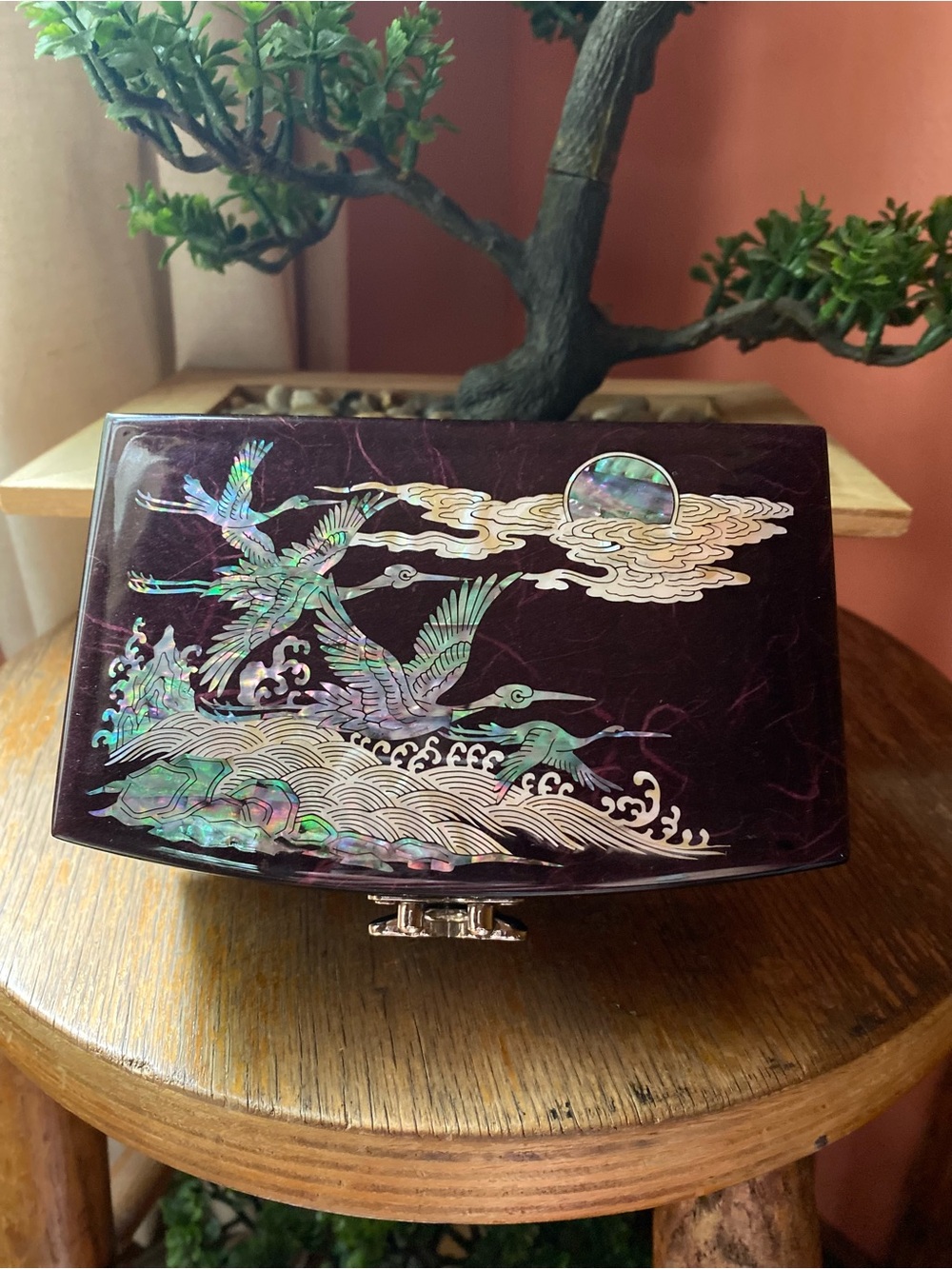Mother-of-Pearl Inlay Keepsake Box - Purple with Iridescent Crane Design